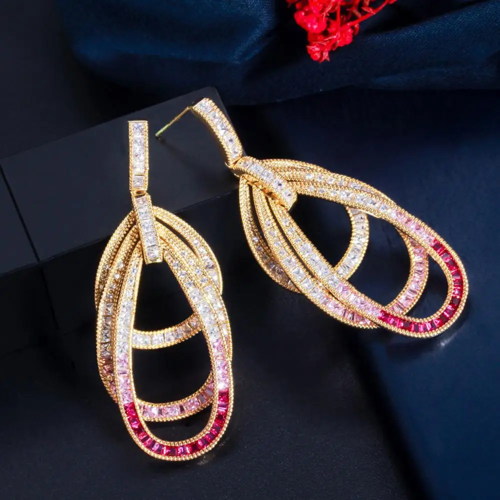 Pera Unique Pink Red Cubic Zirconia Silver Color Long Dangle Multilayer Circles Drop Luxury Wedding Party Earring for Women E641