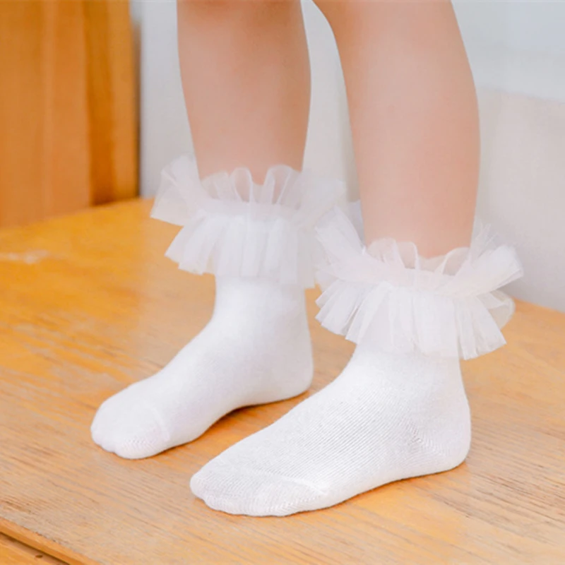 Baby Girls Lace Ruffle Socks Toddlers Children Princess Socks Soft Cotton Puffy Mesh Flower Red White Tube Kids Sock Calcetines