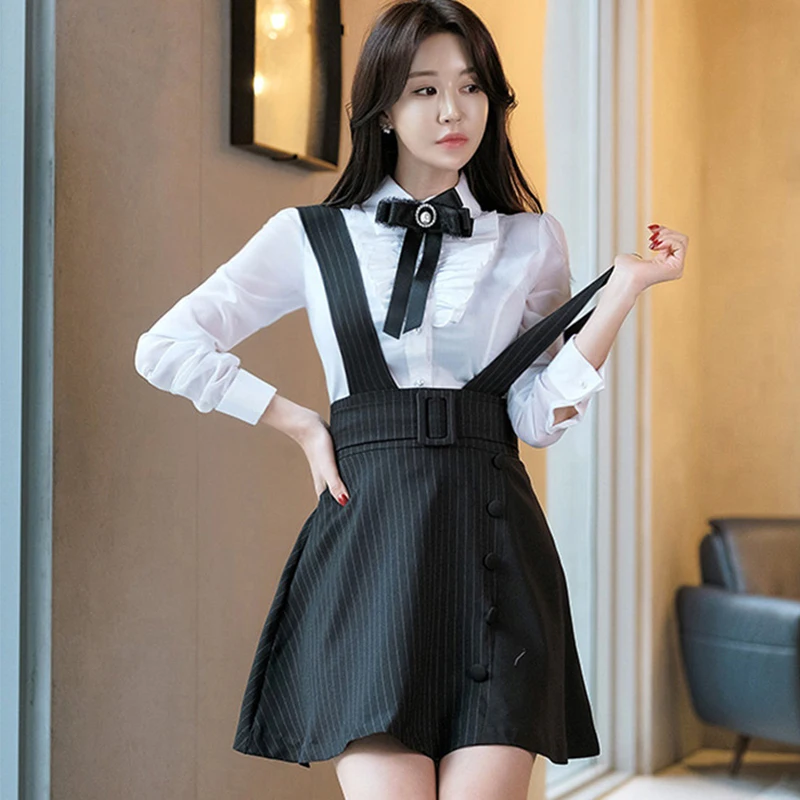 new arrival fashion set women spring OL young casual ladies long sleeve ruffle bow white shirt and striped dress two piece set