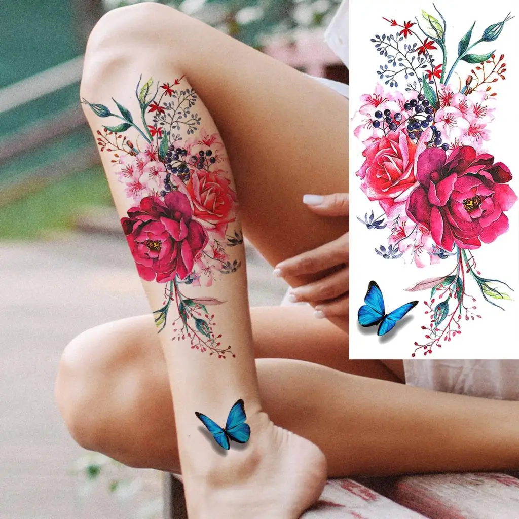 3D Watercolor Rose Peony Flower Temporary Tattoos For Women Adult Hummingbird Realistic Fake Tattoo Sexy Half Sleeve Tatoo Decal