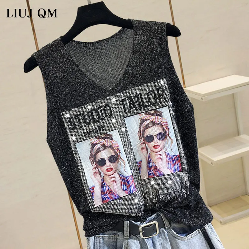 2024 Summer Tank Top Women Thin Bright Silk Knitted Shirt Women\'s Fashion Girl Rhinestones Sleeveless Vest Outwear Female Tops