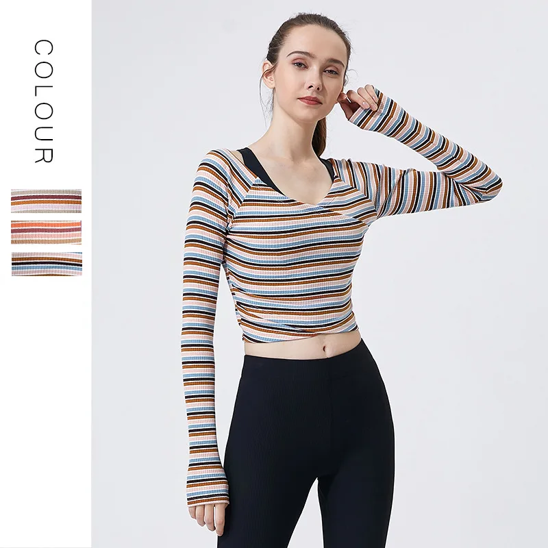 

Spring New Yoga Clothes Women's Tops Striped Long-sleeved T-shirts Slim Sexy Running Fitness