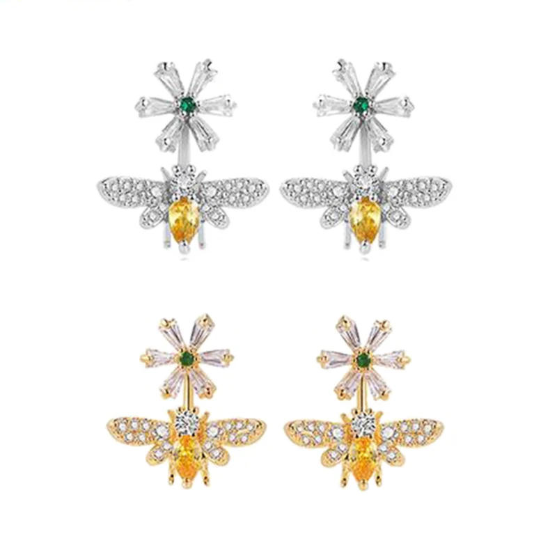 Huitan Cute & Stylish Flower Bee Shape Women Stud Earring Gold/Silver Color Party Daily Wear Gift for Girlfriend Fashion Jewelry