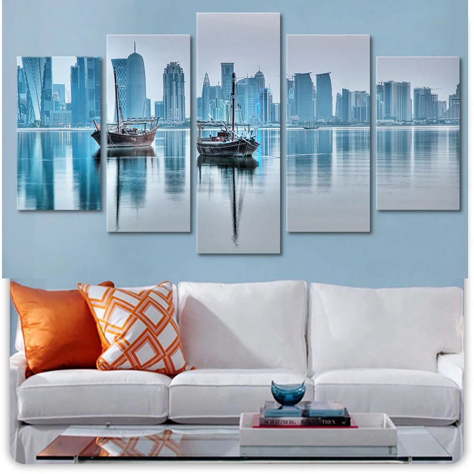 

5 Pieces Wall Art Canvas Painting City Boat Landscape Poster Modern Living Room Bedroom Home Modular Pictures Decoration