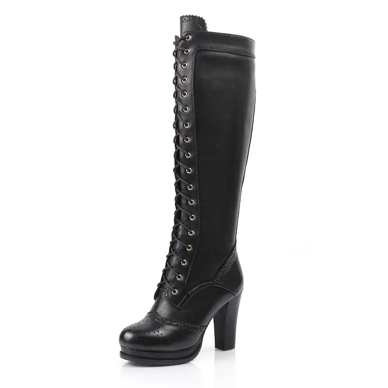 MORAZORA Plus size 34-43 New Genuine leather knee high boots women lace up platform high heels winter riding boots female shoes