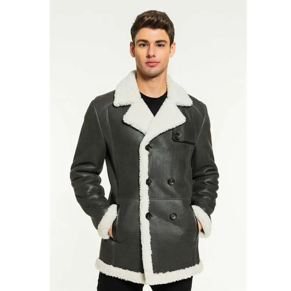 

2019 New Mens Sheepskin Shearling Jacket Turkey Mens Casual Leather Jacket Grey Fur Coat Long Trench Coat