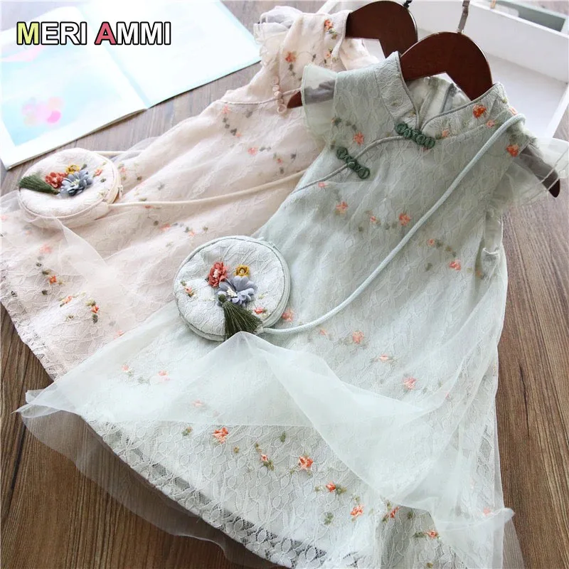 MERI AMMI Free Bag Gift Chidlren Girl Dressing Girls Floral Embroidery Bow knot Chinese Hanfu Tang Suit Dress