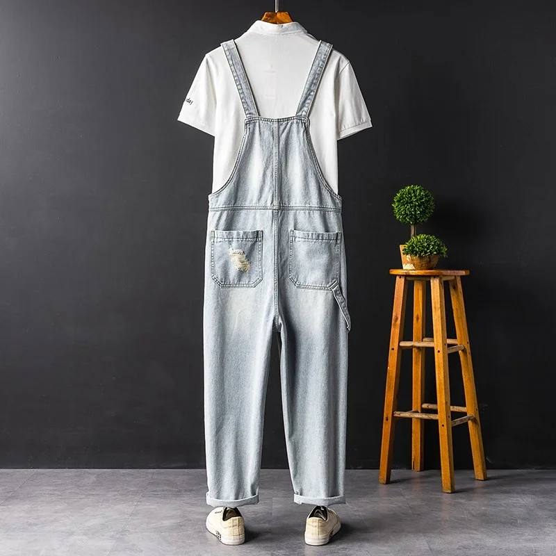 New Summer Brand Fashion Hole Ripped Mens Denim Jumpsuits Casual Pockets Patchs Loose Sleeveless Suspender Male Cargo Overalls