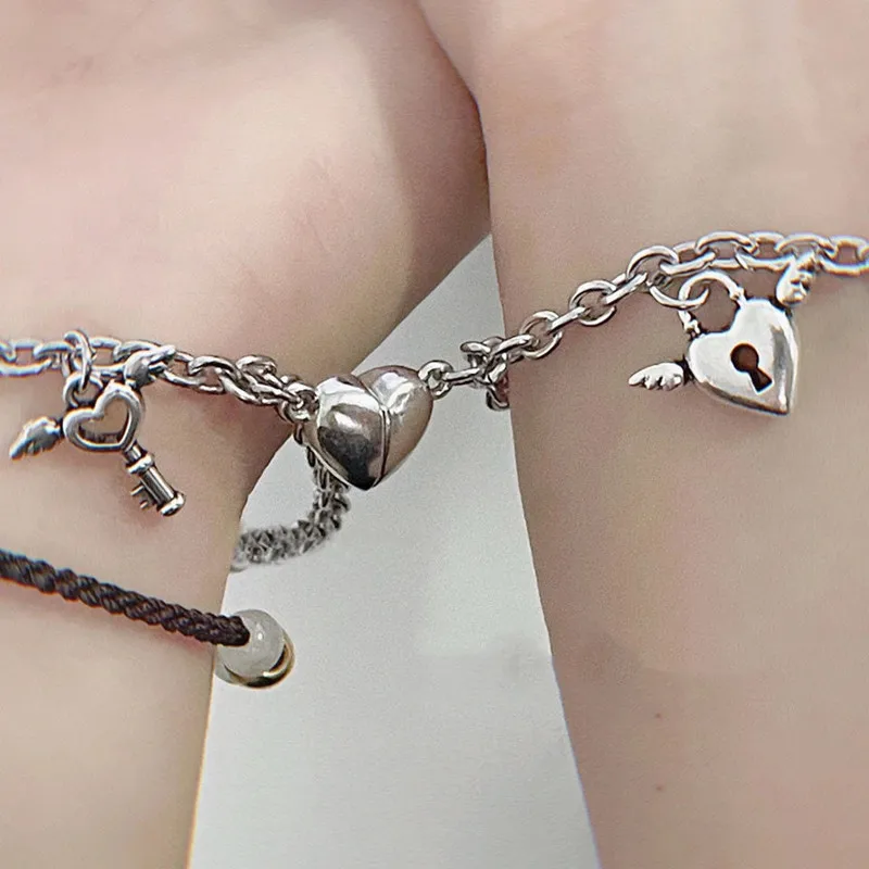 2Pcs Heart Magnet Bracelet for Lovers Stainless Steel Angel Wing Lock Couple Bracelet Heart Charm Friendship Jewelry Gifts