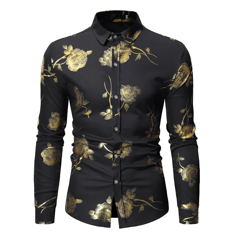 Luxury Gold Foil Print Shirt Men 2023 Autumn New White Rose Floral Shirt Mens Casual Dress Shirts Nightlcub Prom Shirt Camisas