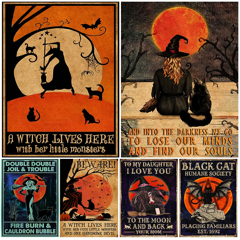 The Darkness Black Cat Witch Lives Here Retro Decorative Poster And Prints Black Cat Society Wall Art Canvas Painting Decoration