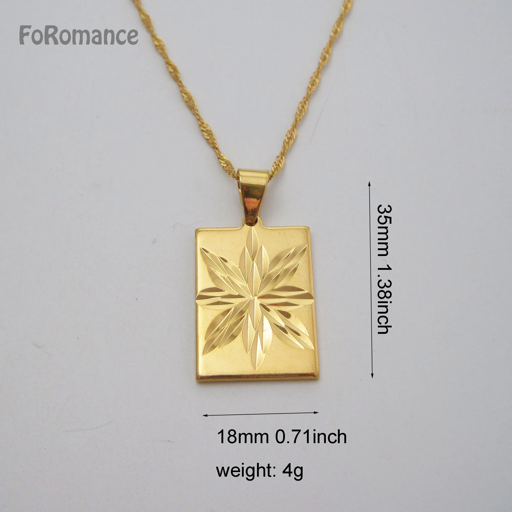 GOLD COLOR 45CM WATER WAVE CHAIN RECTANGLE SHAPED PENDANT SHINING FLOWER CARVED PLAIN BACKSIDE WIDTH 18MM 0.71INCH