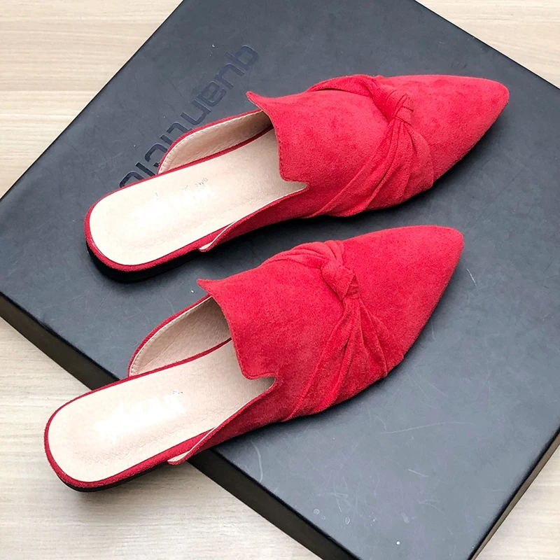 Women Slingbacks Flat Heel Shoes Solid Color Flock Leather Woman Flats Pointed Toe Bowknot Mules Shoes Slippers Summer Spring