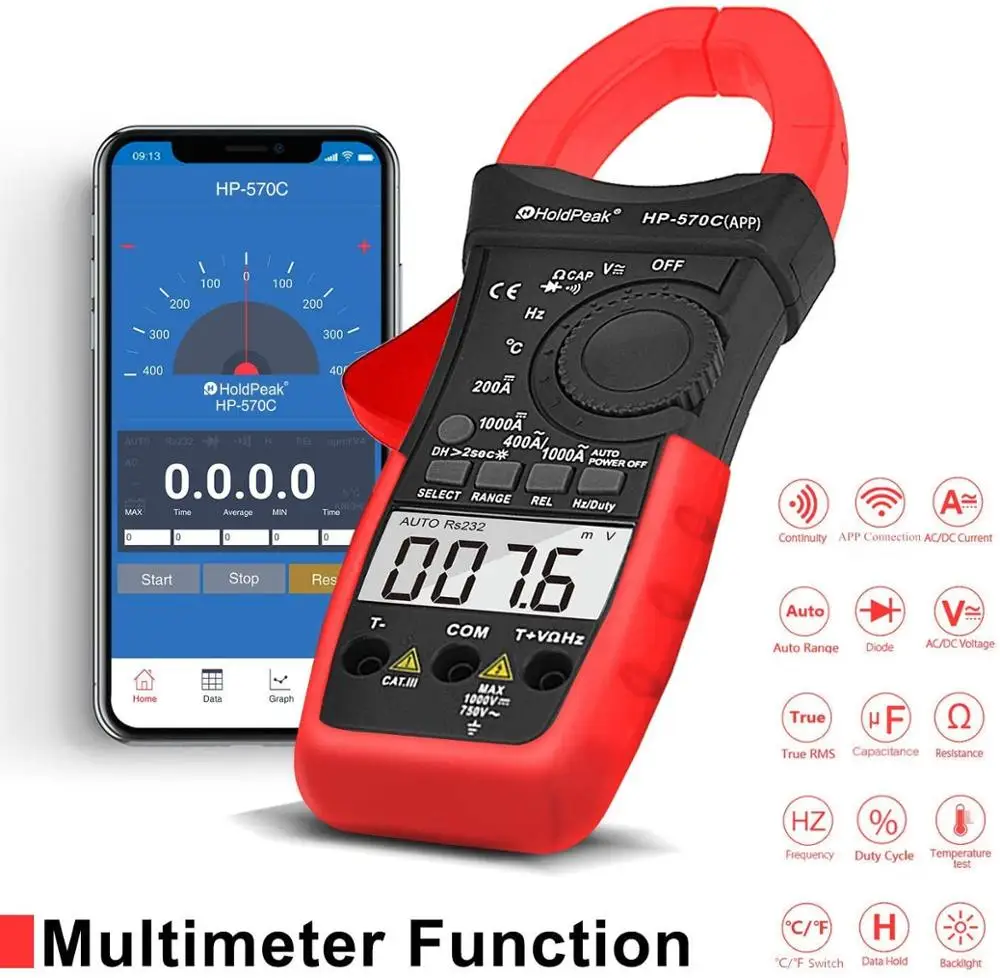 HP-570C-APP Digital Clamp Multimeter Connect with APP via Bluetooth, Amp Ohm Tester,4000 Counts AC/DC Voltage AC/DC Current