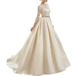 Long Sleeve Lace Wedding Dresses Long Sweet Elegant Bride Floor Length Applique Sexy Embroidery Open Back Bow Wedding Dresses