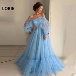 LORIE – robe de bal de forme trapèze en Tulle, tenue de soirée élégante, épaules dénudées, manches longues bouffantes, bleu, rose, Corset