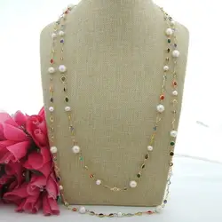 67'' natural freshwter White Round keshi Pearl cubic zirconia micro pave chain long Necklace gold color plated