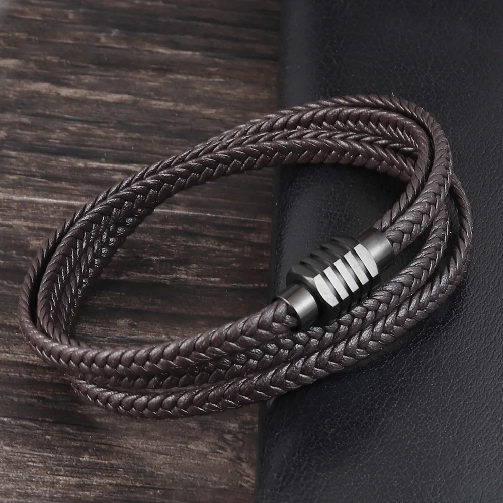Fashion Black Genuine Leather Bracelet Black Stainless Steel Clasp Multi Layer Braid Rope Chain Wristband Vintage Gifts
