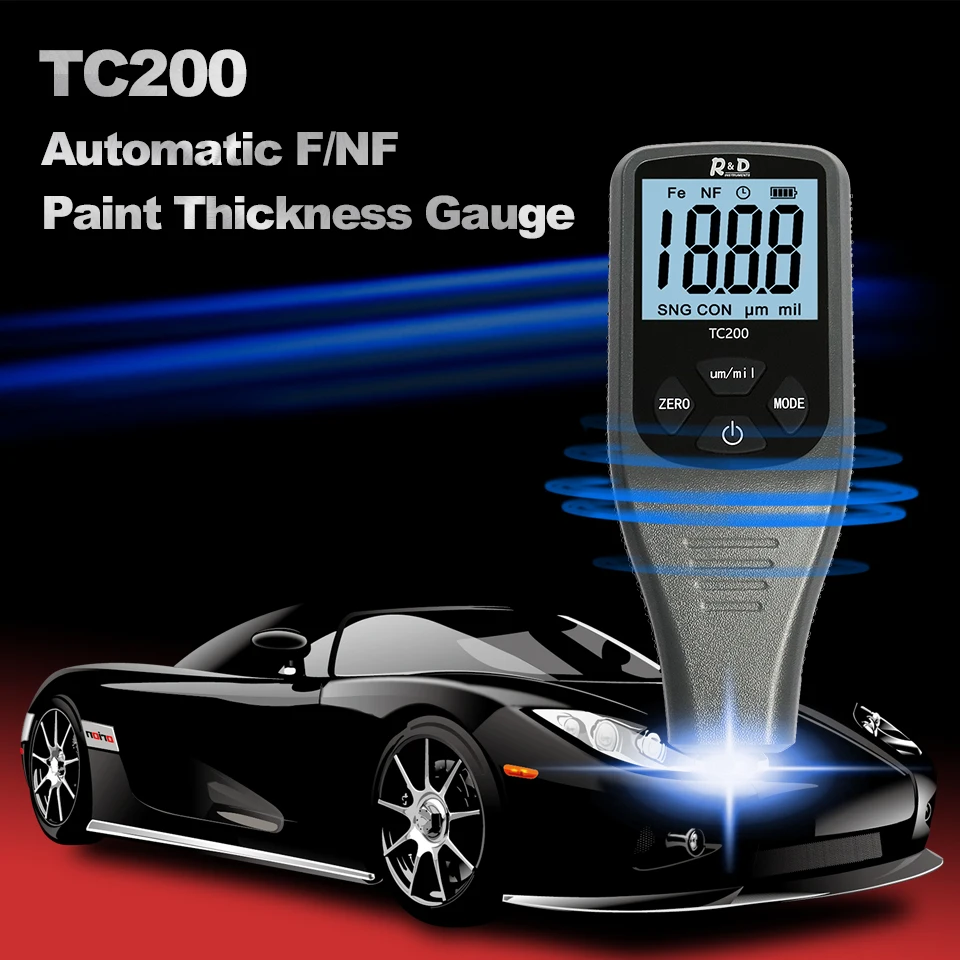 R&D TC200 Grey Car Paint Coating Thickness Gauge 0.1um/0-1500 Car Paint Film Thickness Tester Measuring FE/NFE & Russian Manual