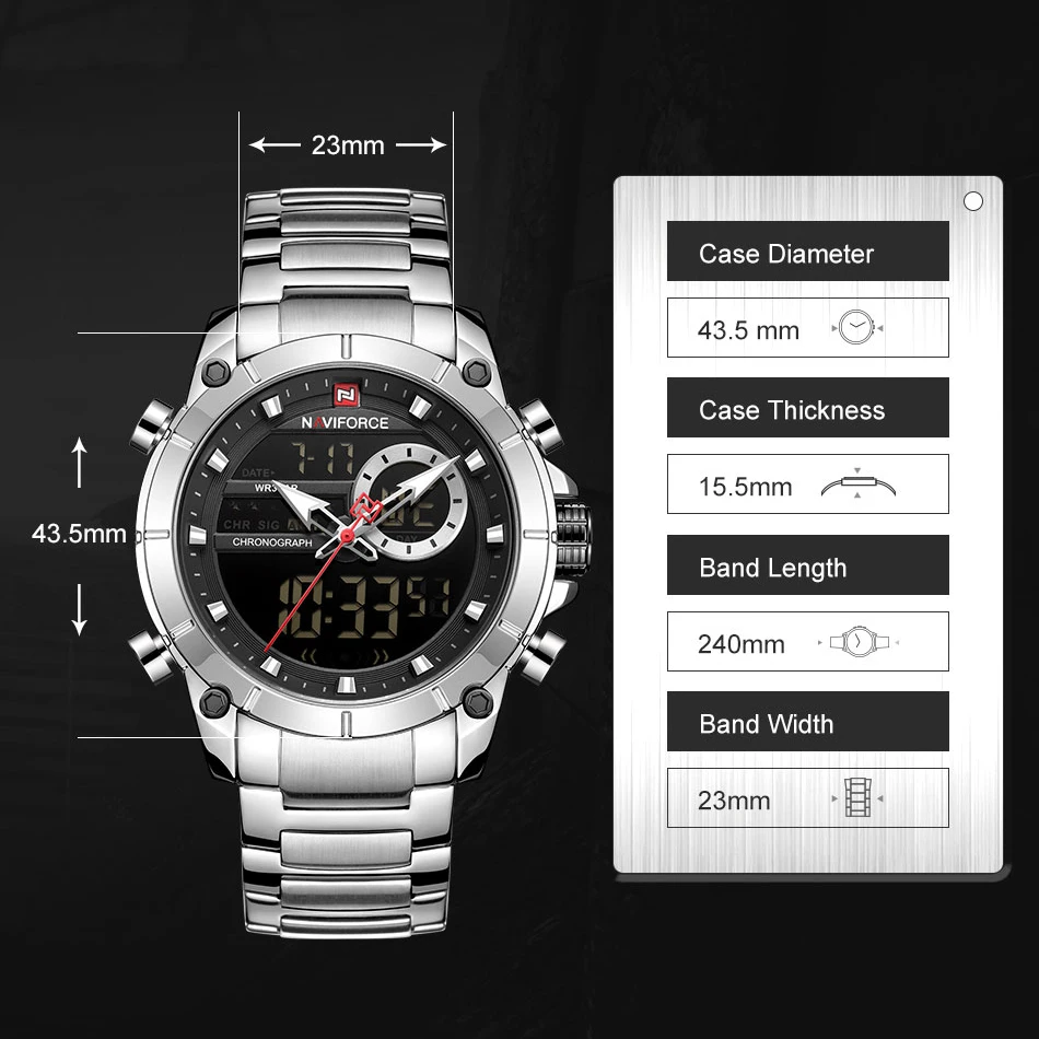 NAVIFORCE Casual Quartz Watch Men Stainless Steel Men Army Military Led Clock Male Waterproof Watches relogio masculino