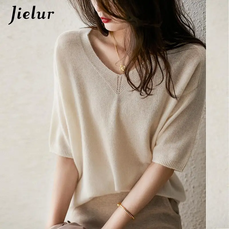 Jielur Solid Colour Knitted Women\'s Sweater Short-Sleeved Ladies V-Neck Cotton Pullover Korean Bottoming Shirt Sweater Summer