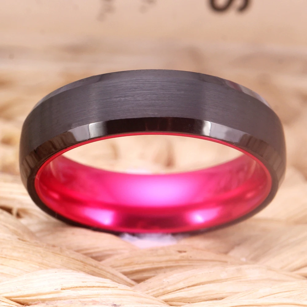 Rings For Women 6MM Wedding Ring Black Tungsten with Pink Aluminum Ring Tungsten Engagement Ring for Men Anniversary Party Rings