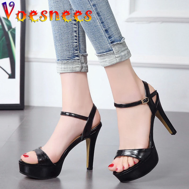 Patent Leather Nude Summer Heels Front Rear Strap Sandals Platform Walk Show Thin High Heels One Word Peep Toe Sexy Women Shoes