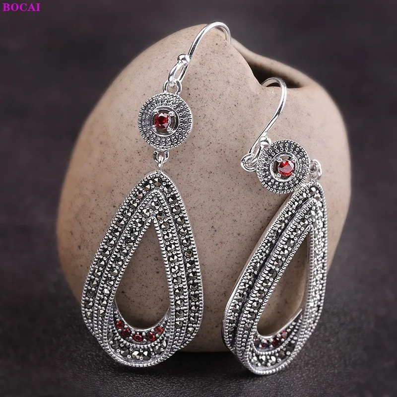 BOCAI 100% S925 Sterling Silver Earrings Thai Silver Garnet Marcasite Fashion Jewelry Pure Argentum Women's Gemstone Ear Drop