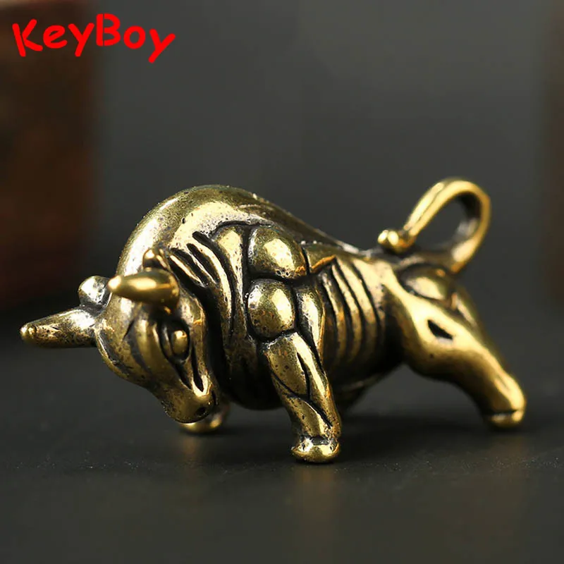 Pure Brass Wall Street Bull Keyring Pendant Jewelry Vintage Copper Animal Bull Decorations Men Key Chain Rings Hanging