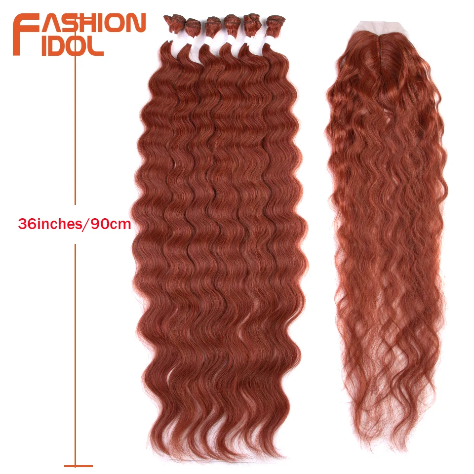 Moda ídolo-sintético corpo onda cabelo pacotes com fechamento, 36 polegadas, ombre cor loira, 7 pcs/pack, 320g