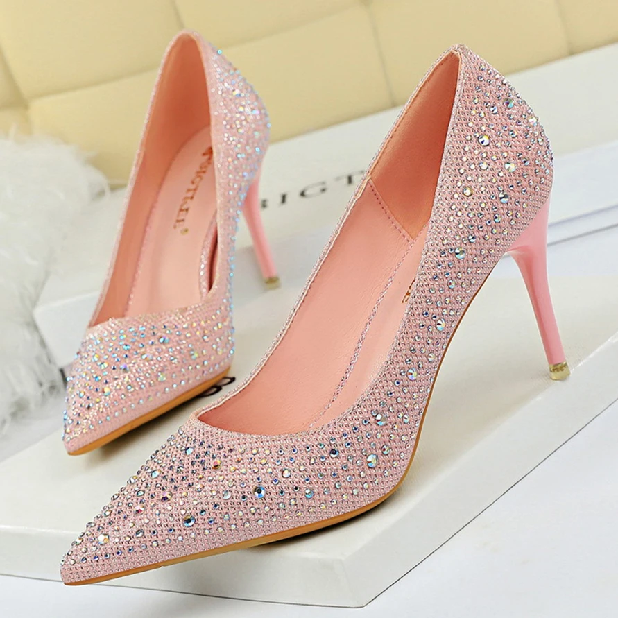 Fashion Rhinestone Shallow Women Pumps 2024 Autumn Black Pink Crystal Wedding Pointed Toe High Heels 7CM Shoes Party Ladies Sexy