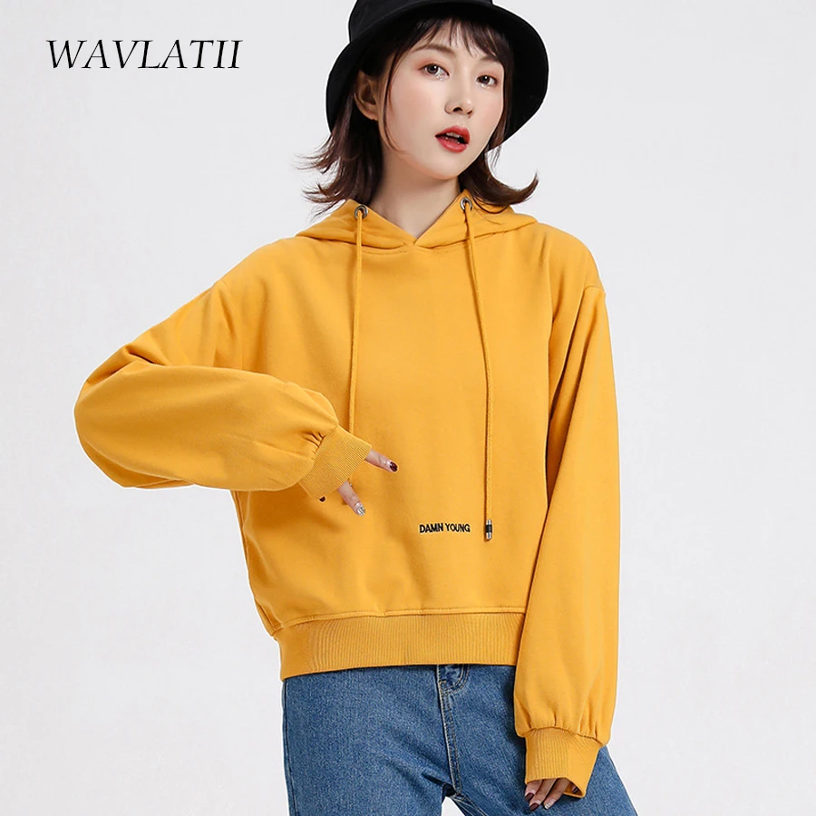 WAVLATII Women New Short Style Hoodies Lady Yellow Khaki Embroidery Terry Hooded Sweatshirts Female Spring Autumn Tops WH2108