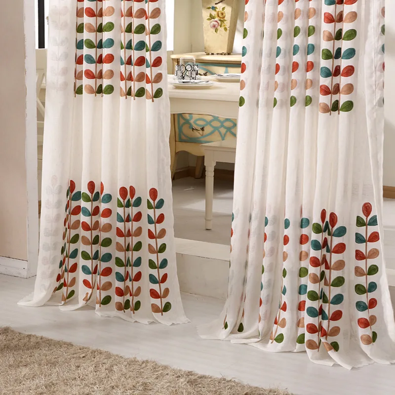 Colored Leaves Embroidered White Yarn Solid Window Screen Pure Fashion Curtain for Kitchen Cabinet Door accept your size