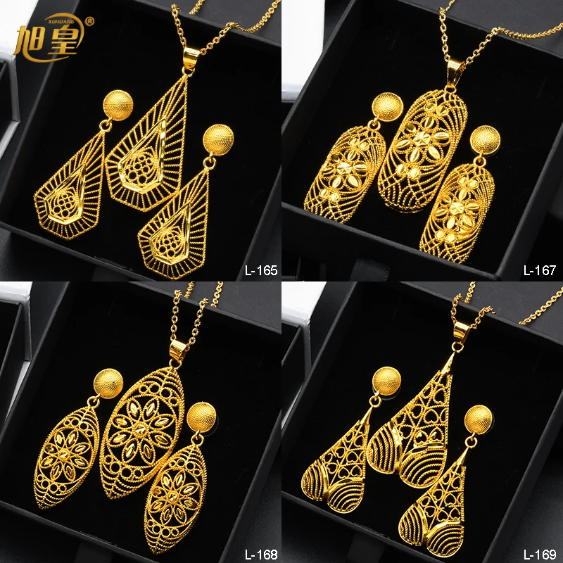 XUHUANG Necklace Jewellery Sets Hollow Hanging Earrings Gold Color Big Dangle Earrings For Woman Moroccan Ethiopian Jewelry Gift