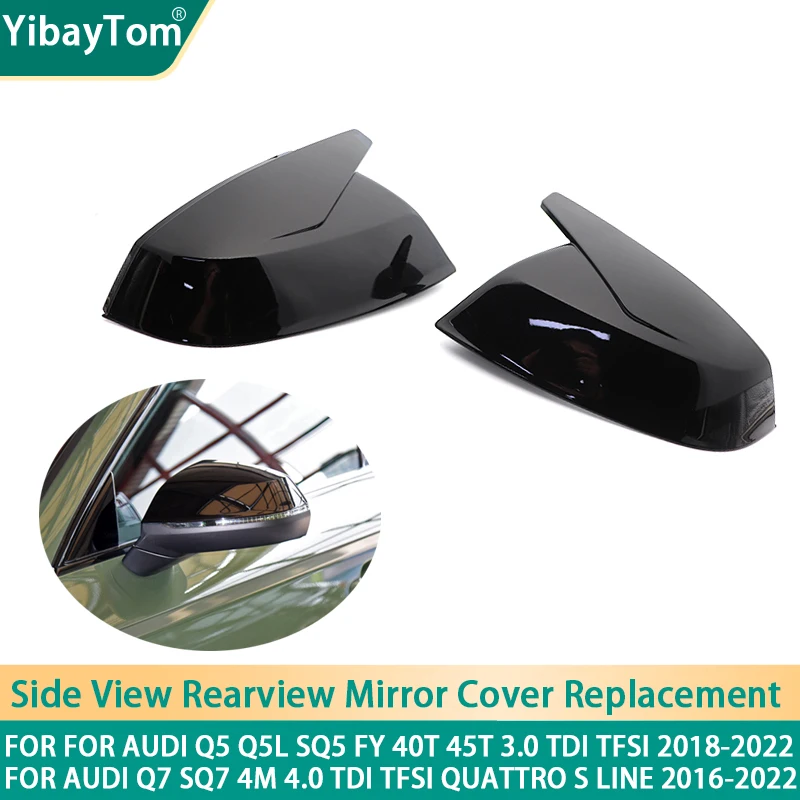 Black Horn Shape Side Mirror Cover Caps Replacement for Audi Q5 Q5L SQ5 Q7 SQ7 FY 4M 45 50 55 60 TDI TFSI S line Sline 2016-2020 