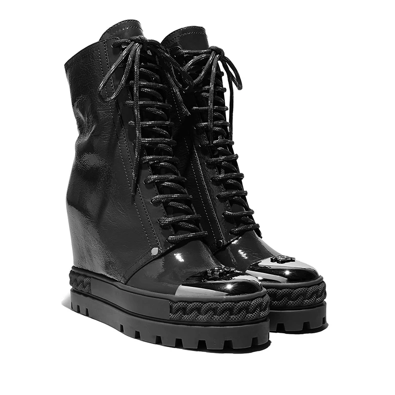 New Thick Platform Sole Inner Height Increased Ankle Boots Patent Leather Round Metal Toe Zipper Roman Boots High top Sneaker