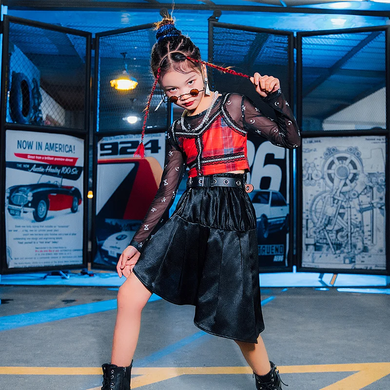 

Jazz Dance Costumes For Kids Long Sleeve Mesh Tops Red Vest Girls Modern Street Dance Hip Hop Stage Performance Clothing DQL6018