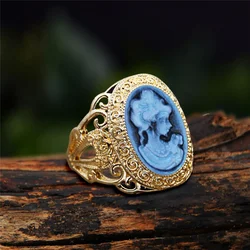 6 Colors Lady Queen Cameo Rings For Women Gold Color Pink Blue Gray Fashion Hollow Flower Lady Cameo Ring