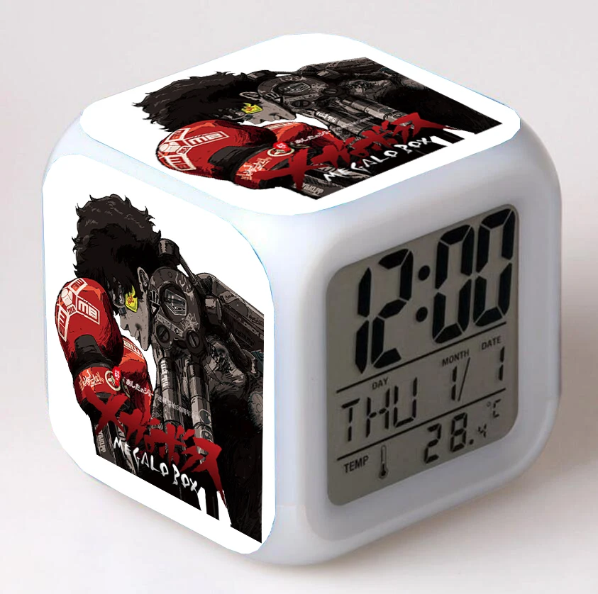 Anime MEGALOBOX  Cartoon LED 7 Color Flash Digital Alarm Clocks Kids Night Light Bedroom Desk Clock despertador