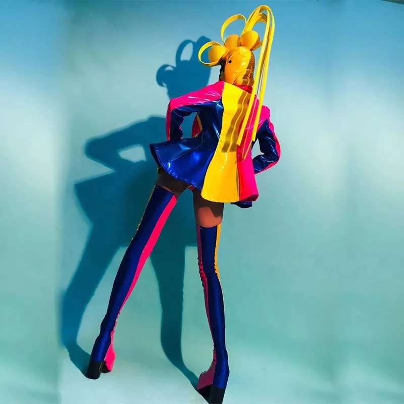 Women Masked Singer Stage Outfit Rainbow Color PU Leather Jacket Bikini Headgear Set Party Clown Role-playing Dance Costume