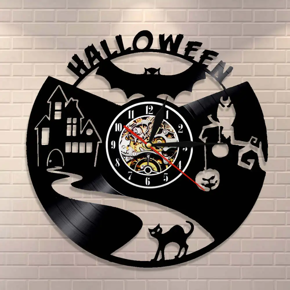 Halloween Vinyl Record Wall Clock Vampire Bats Home Decor Wall Clock Black Cat Silhouette Decorative Wall Clocks Modern Wall Art