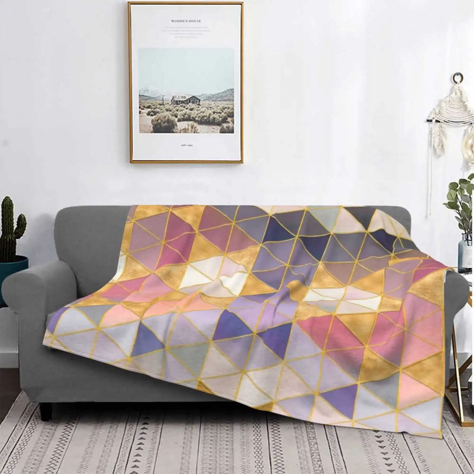 Golden Geometrician Hot Sale Printing High Qiality Flannel Blanket Pink Gold Grey Black Blue Line Cube Isometric Texture