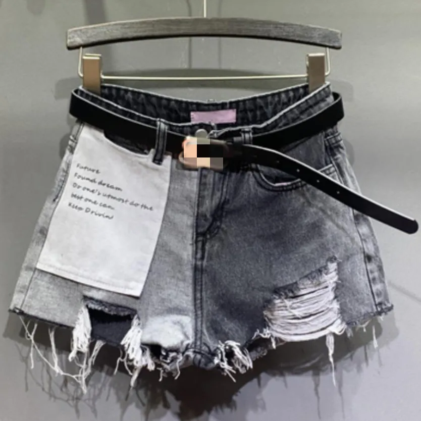 !Hole denim shorts women summer 2022 new high waist hit color stitching loose jeans shorts