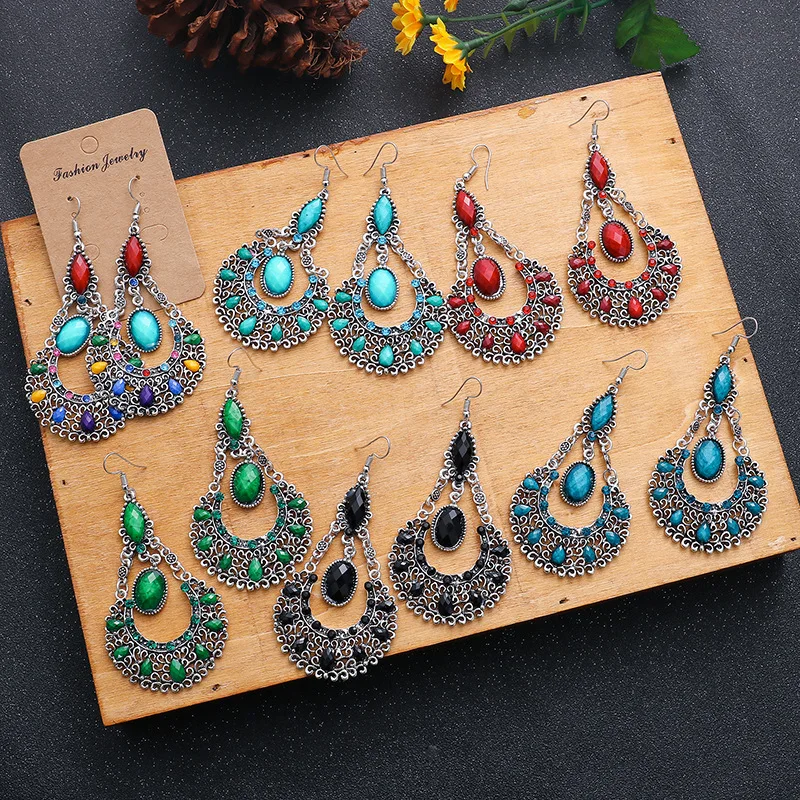 Ethnic Diamond Silver Color Big Sector Alloy Earrings Retro Turkish Boho Vintage Green Indian Jhumka Earrings