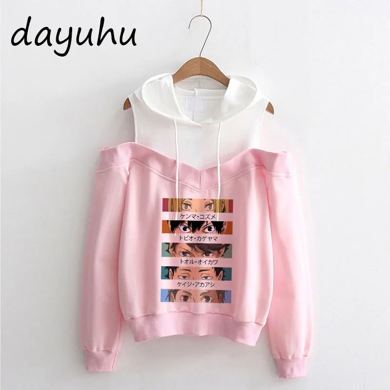 Japanese Anime Haikyuu Hoodies Off Shoulder Funny Karasuno Graphic Streetwear Winter Warm Fashion Manga Sweatshirts Female Y2k