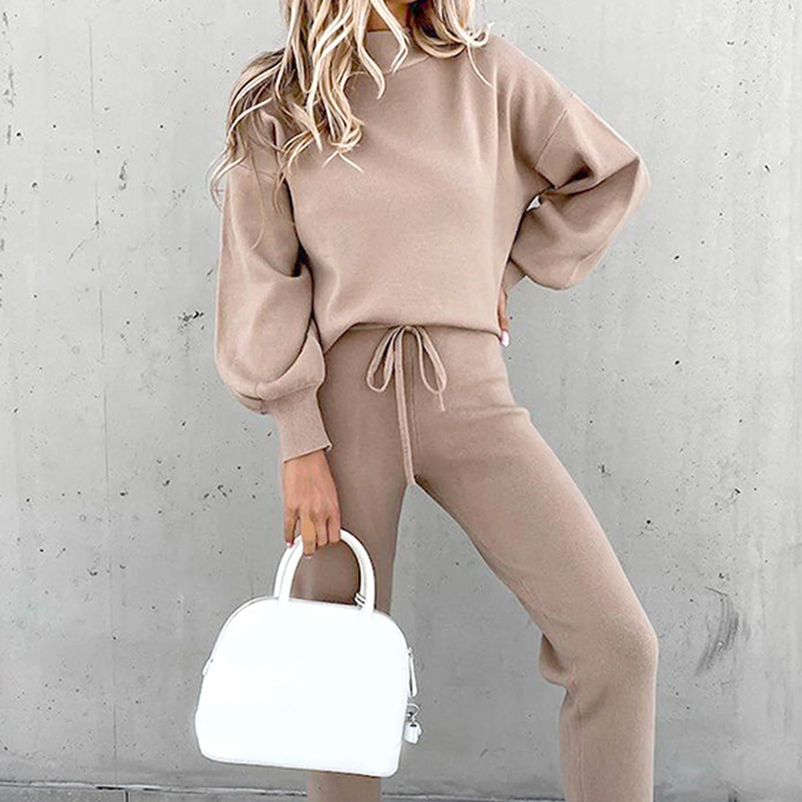 Solid Tracksuit Women Two Piece Set Autumn Clothes Oversize Sweatshirt Top and Stacked Pants Jogging Suit Female Leisure Outfits