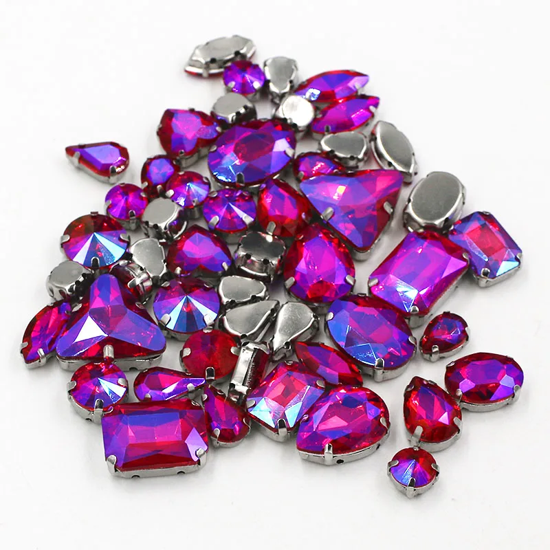 Free shipping 50pcs/bag mixed shape crystal glass rhinestones Red AB faltback sew on rhinestones diy clothing accessories