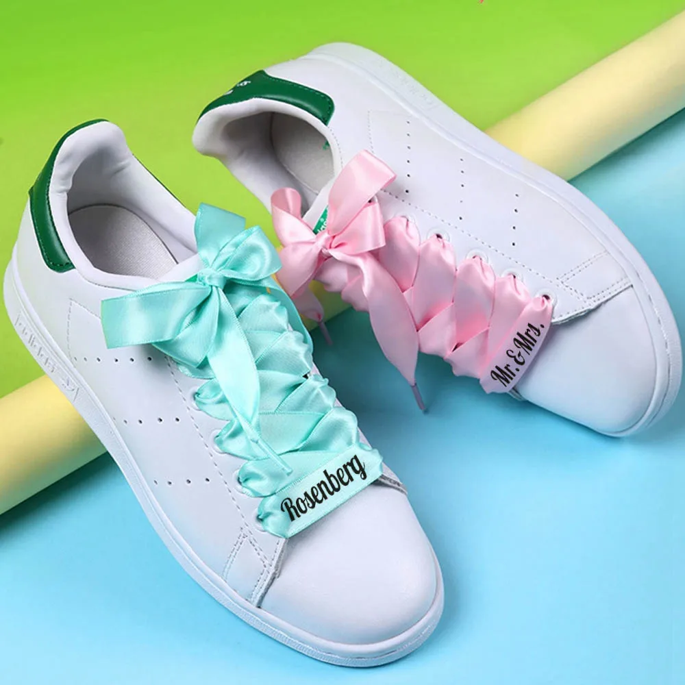 

1 Pair Personalized Silk Satin Shoelaces 2CM Width Ribbon Shoe laces Custom Text Candy Color Boots Women Sneakers Shoelace