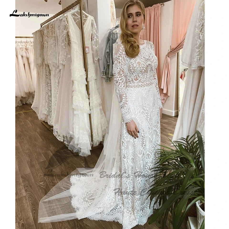 Vestido de noiva Lakshmigown-Boho Lace Mermaid para mulheres, manga comprida, vestidos de noiva sexy, roupinha sem costas, praia e casamento, 2022