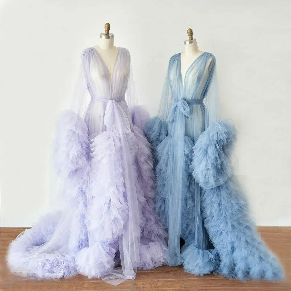 Maternity Robes Bathrobe Sky Blue Women Long Tulle Dresses Photo Shoot Birthday Party Bridal Fluffy Party Sleepwear Custom Made